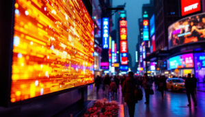 A photograph of a vibrant led display in a bustling urban environment