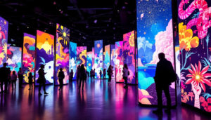 A photograph of a vibrant art exhibit display featuring led panels