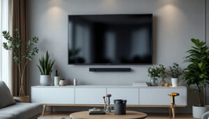 A photograph of a modern living room with a mounted led tv on the wall