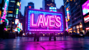 A photograph of capture a photograph of a vibrant custom led sign in a dynamic urban setting
