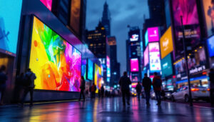 A photograph of a vibrant led display in a dynamic urban setting
