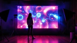 A photograph of a vibrant led display backdrop in use during a photoshoot