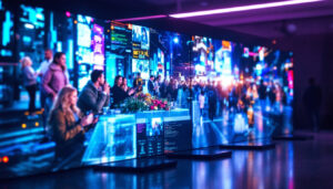 A photograph of a vibrant led display showcasing various video resolutions in action