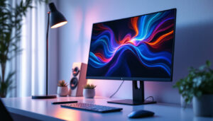 A photograph of a sleek desktop monitor with a built-in cpu