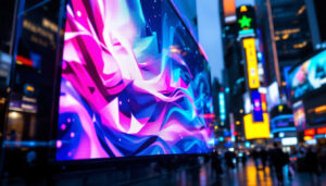 A photograph of a vibrant led display showcasing a dynamic visual