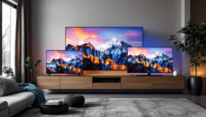 A photograph of a modern living room setup featuring a variety of led tvs with different diagonal sizes displayed prominently