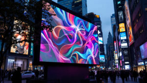 A photograph of a vibrant led display showcasing dynamic images or colors in a bustling urban environment