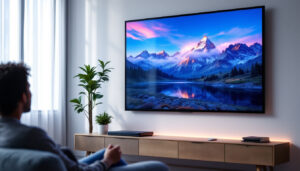 A photograph of a high-quality led projector screen displaying a vibrant image in a well-lit setting