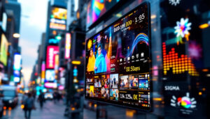 A photograph of a vibrant led display in a bustling urban setting