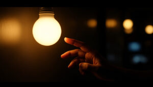 A photograph of a close-up shot of an led light bulb illuminated in a dimly lit environment