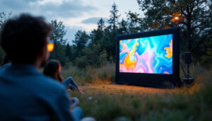 A photograph of a portable projector screen set up outdoors