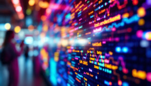 A photograph of a close-up shot of a vibrant led display in use
