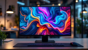 A photograph of a sleek led monitor displaying vibrant colors and intricate details