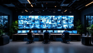 A photograph of capture a photograph of a modern cctv control room featuring a well-organized floor plan