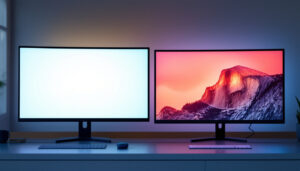 A photograph of a side-by-side comparison of an led display and an lcd display