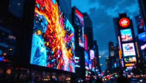A photograph of a vibrant led display in a dynamic urban setting