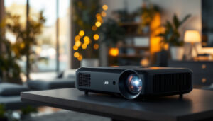 A photograph of a modern projector with a touch screen interface in a well-lit setting