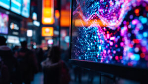 A photograph of capture a photograph of a vibrant led display in a bustling urban setting