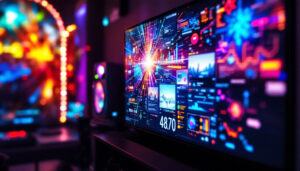 A photograph of a vibrant led display showcasing dynamic visuals