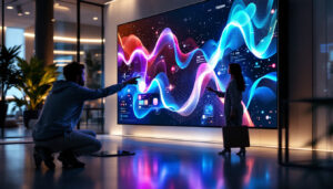 A photograph of a large touch screen display monitor in a modern setting