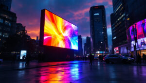A photograph of a vibrant led display in a dynamic urban setting