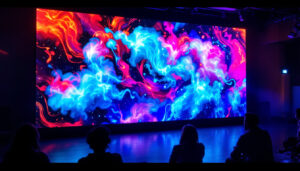 A photograph of a vibrant led wall panel in a dynamic setting
