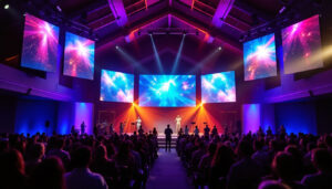 A photograph of capture a photograph of a vibrant church interior featuring a large led video wall displaying dynamic visuals or worship content