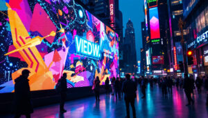 A photograph of a vibrant led display screen in a bustling urban environment