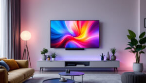A photograph of a stylish living room featuring a large wall-mounted led tv