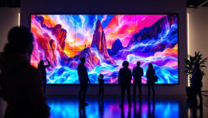 A photograph of a vibrant and dynamic video wall display in a modern setting