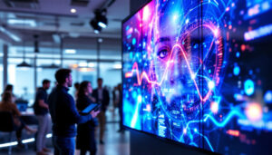 A photograph of a vibrant led panel screen displaying dynamic visuals in a modern setting