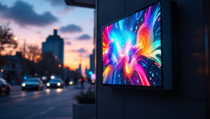 A photograph of a vibrant outdoor led panel displaying dynamic visuals