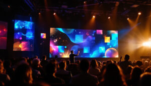 A photograph of capture a photograph of a vibrant led wall in a church setting