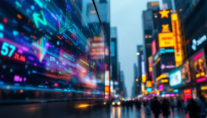 A photograph of a vibrant led display board in a bustling urban setting