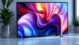 A photograph of capture a photograph of a large led display screen in a modern setting