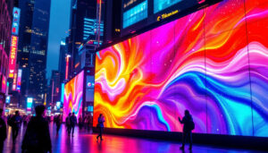 A photograph of a vibrant led display in a bustling urban setting