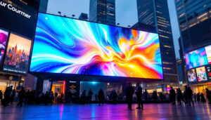 A photograph of a vibrant commercial led display screen in an urban setting