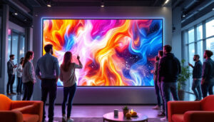 A photograph of a vibrant led video wall in a dynamic setting