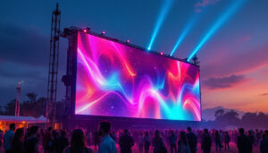 A photograph of a large-scale led display mounted on a base plate truss at an outdoor event