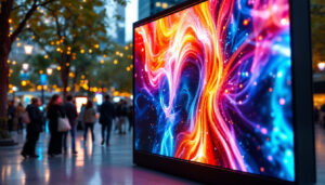 A photograph of a vibrant outdoor setting featuring a large led display panel in use