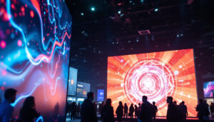 A photograph of a vibrant trade show scene featuring an eye-catching led display showcasing dynamic visuals