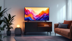 A photograph of a sleek av cart with an integrated cabinet