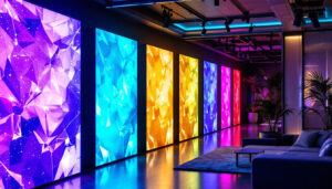 A photograph of a modern interior featuring vibrant led wall panels in use
