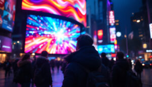 A photograph of a vibrant led display in a bustling urban setting