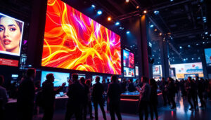 A photograph of a vibrant trade show scene featuring an eye-catching led display in action