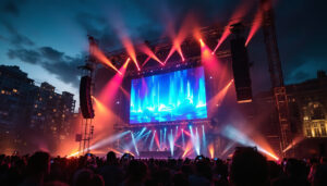 A photograph of capture a photograph of a large outdoor event featuring a 20-foot truss structure supporting a vibrant led display