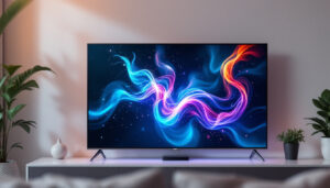 A photograph of a vibrant led tv screen displaying a visually striking image or colorful animation