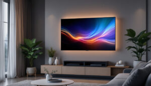 A photograph of a well-installed fixed tv wall mount showcasing a sleek led display in a stylish living room setting