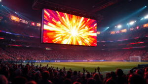 A photograph of a vibrant sports event showcasing a large led display screen in action