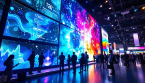 A photograph of a vibrant trade show display featuring an illuminated led display wall